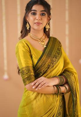 yellow handloom tissue saree with designer blouse 4
