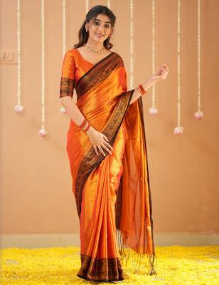 orange handloom tissue saree with designer blouse 1