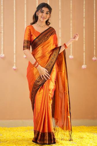 orange handloom tissue saree with designer blouse