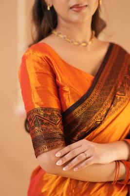 orange handloom tissue saree with designer blouse 5