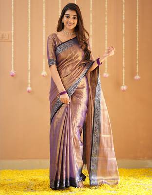 copper handloom tissue saree with designer blouse 1