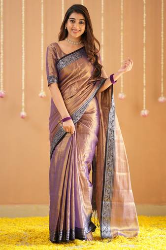 copper handloom tissue saree with designer blouse