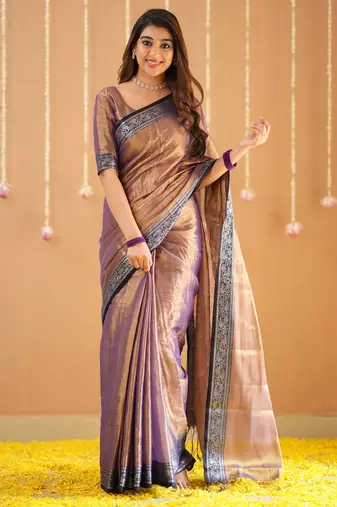 copper handloom tissue saree with designer blouse