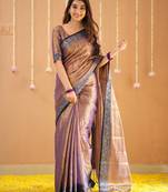 copper handloom tissue saree with designer blouse