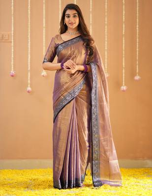 copper handloom tissue saree with designer blouse 3