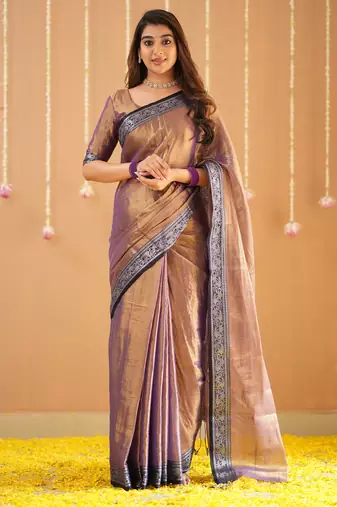 copper handloom tissue saree with designer blouse