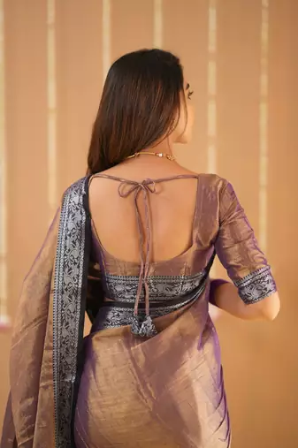 copper handloom tissue saree with designer blouse