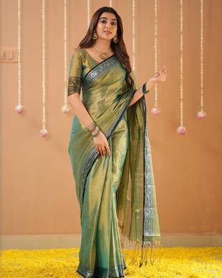 green handloom tissue saree with designer blouse 1