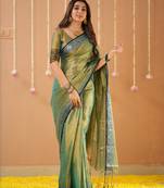 green handloom tissue saree with designer blouse