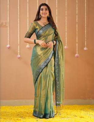 green handloom tissue saree with designer blouse 3