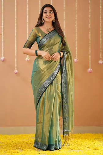green handloom tissue saree with designer blouse