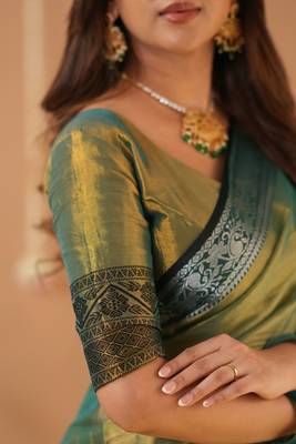 green handloom tissue saree with designer blouse 5