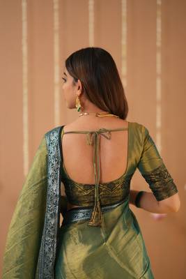 green handloom tissue saree with designer blouse 6