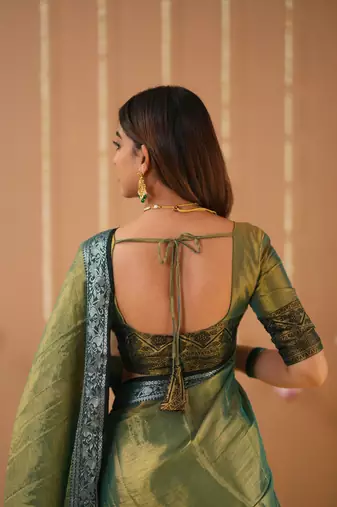 green handloom tissue saree with designer blouse