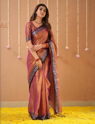 orange handloom tissue saree with designer blouse 1