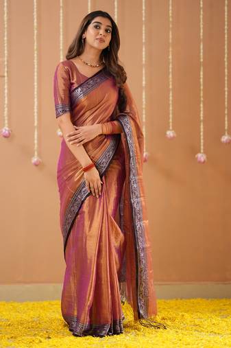 orange handloom tissue saree with designer blouse