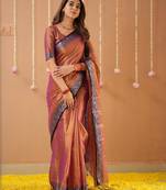 orange handloom tissue saree with designer blouse