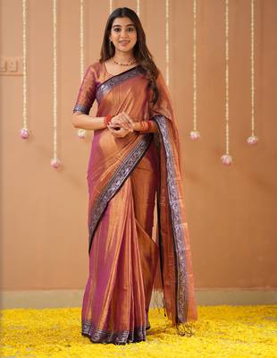 orange handloom tissue saree with designer blouse 3
