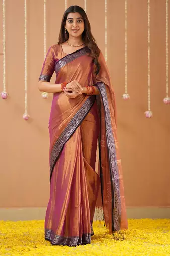 orange handloom tissue saree with designer blouse