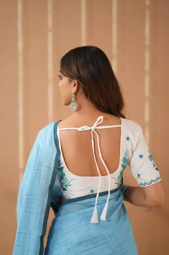sky handloom cotton saree with designer blouse