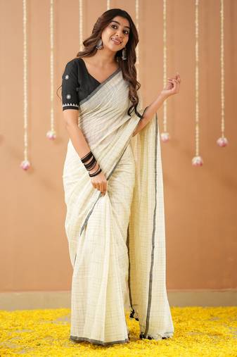 white handloom cotton saree with designer blouse