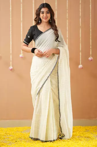 white handloom cotton saree with designer blouse