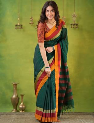 green narayanpet woven cotton saree 1