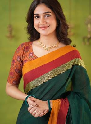 green narayanpet woven cotton saree 5