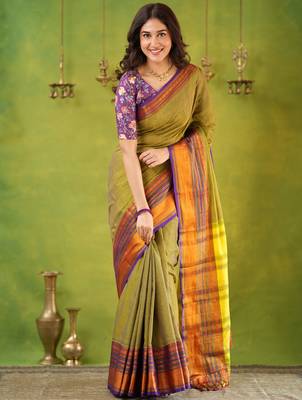 dusty green narayanpet woven cotton saree 1