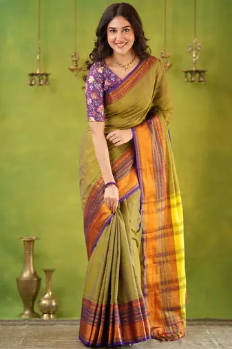 dusty green narayanpet woven cotton saree