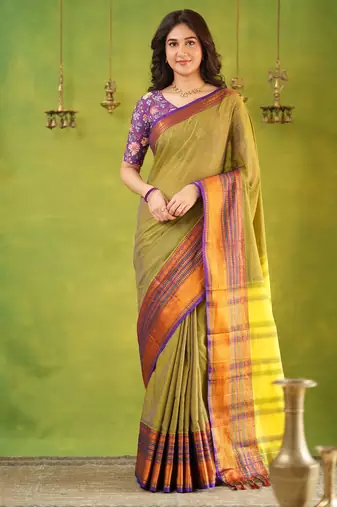 dusty green narayanpet woven cotton saree