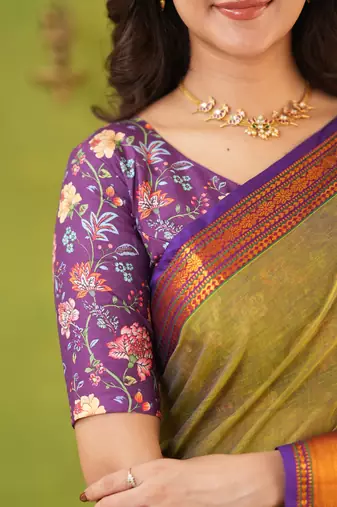 dusty green narayanpet woven cotton saree
