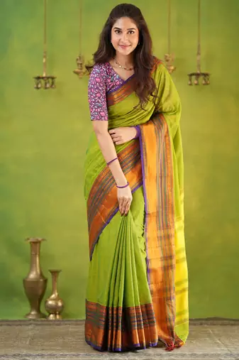 parrot green narayanpet woven cotton saree