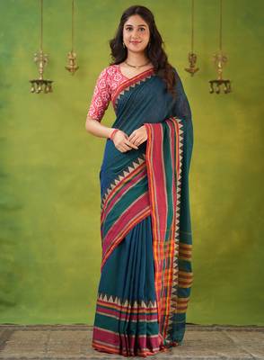 green narayanpet woven cotton saree 3