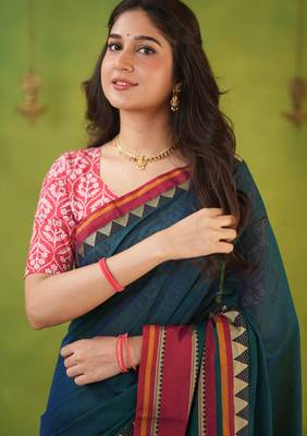 green narayanpet woven cotton saree 5