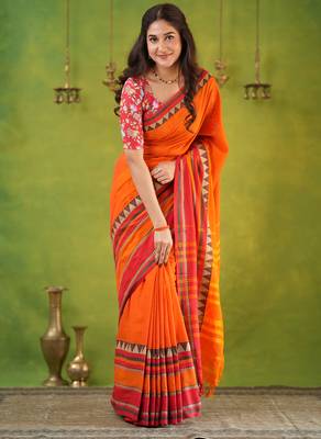 orange narayanpet woven cotton saree 1
