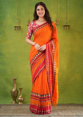 orange narayanpet woven cotton saree 3