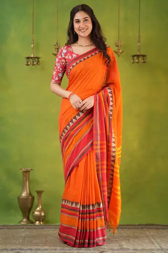 orange narayanpet woven cotton saree