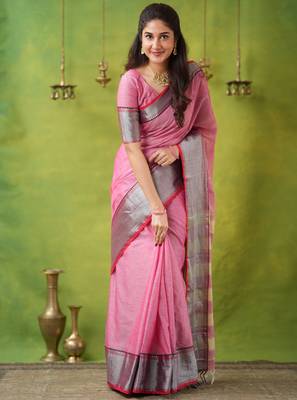 pink narayanpet woven cotton saree 1
