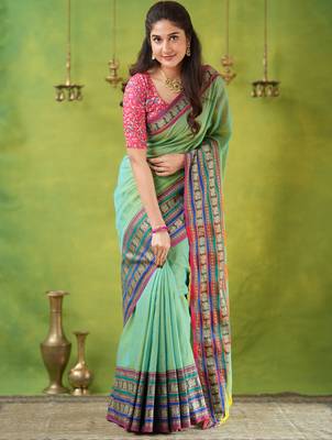 green narayanpet woven cotton saree 1