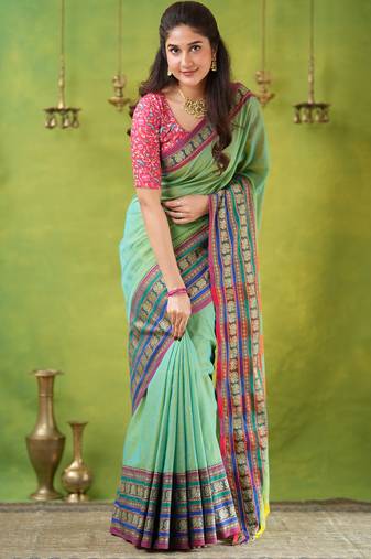 green narayanpet woven cotton saree