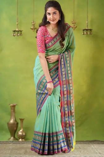 green narayanpet woven cotton saree