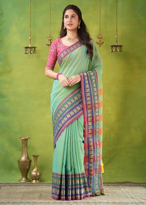green narayanpet woven cotton saree 3