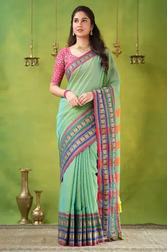 green narayanpet woven cotton saree
