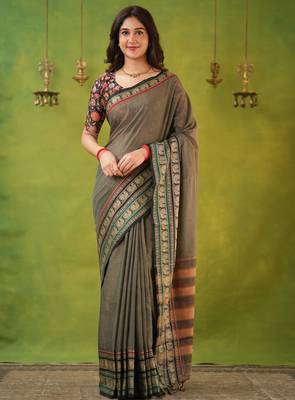 grey narayanpet woven cotton saree 1