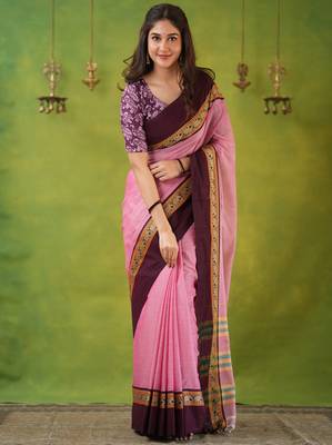 pink narayanpet woven cotton saree 1