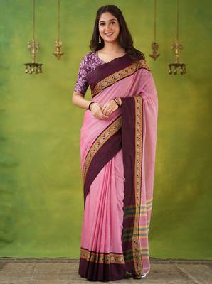 pink narayanpet woven cotton saree 3