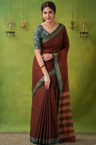 brown narayanpet woven cotton saree