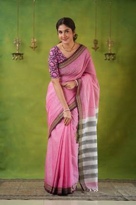 pink narayanpet woven cotton saree 1