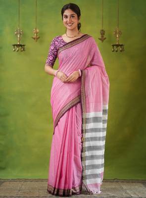 pink narayanpet woven cotton saree 3